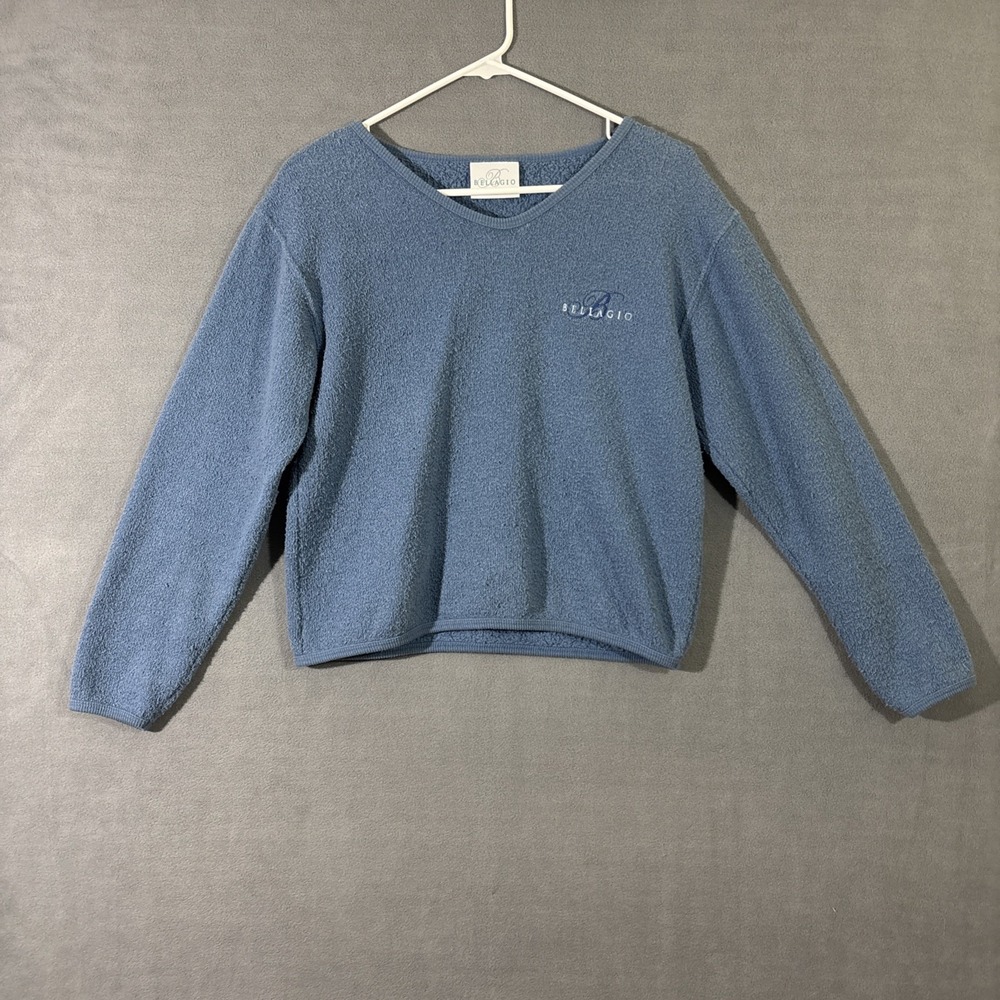 Bellagio Women's S Fleece‎ Light Blue Logo Laz Vegas NV Casino V Neck Cozy Comfy